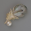 Broche Pluma de Haliotis, cuenta blanca y strass 51x25 mm, metal dorado