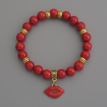Pulsera de coral artificial, cuentas lisas de 8 mm, diámetro 8 mm ±, con inserciones metálicas, longitud 18 cm, elástica