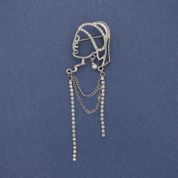 Broche 'Chica con pendiente de perla' con cristales blancos y metal plateado 85×24 mm+