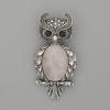 Broche-colgante Búho con cuarzo rosa, 60×29 mm ±, cristales negros, metal plateado