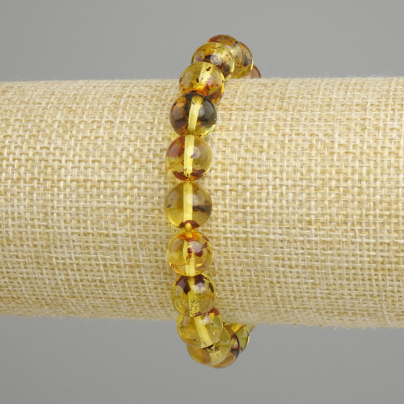 Pulsera de ámbar con cuentas lisas, diámetro 9 mm, longitud 18 cm, elástica