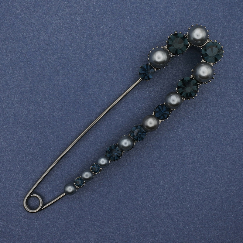 Broche-alfiler con perlas Mallorca y strass 103×25 mm ± metal plateado oscuro
