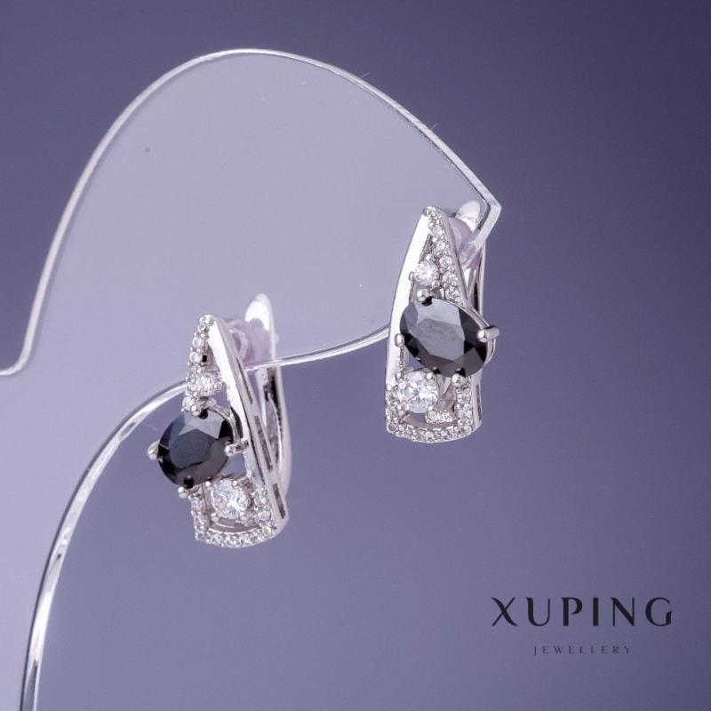 Pendientes Xuping 17×8 mm con rodio y piedra negra