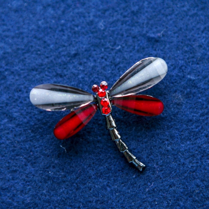 Broche Libélula con cristales, metal plateado 32×43 mm