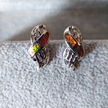Pendientes de botón con opal sintético, color plata / 20×10 mm