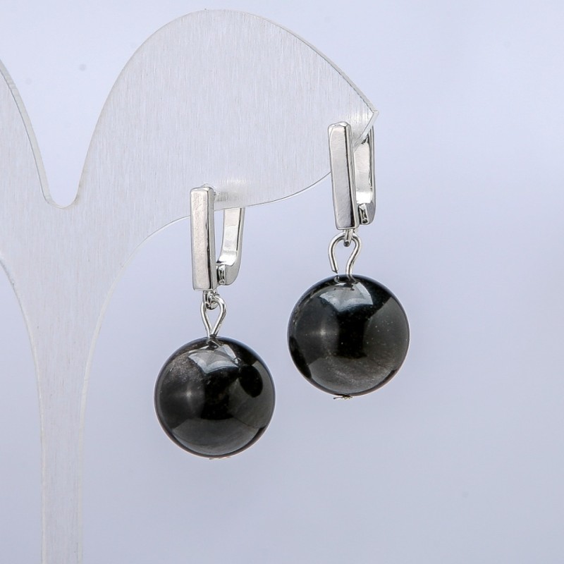 Pendientes de obsidiana plateada, diámetro 14 mm ±, longitud 32 mm ±