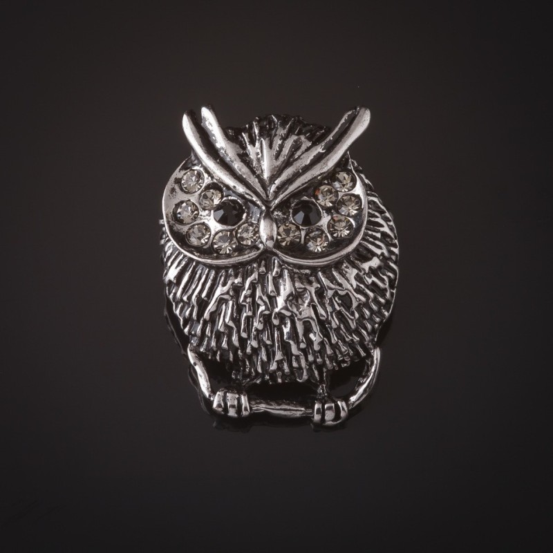 Broche de búho con strass blancos plateados, 3,5 cm